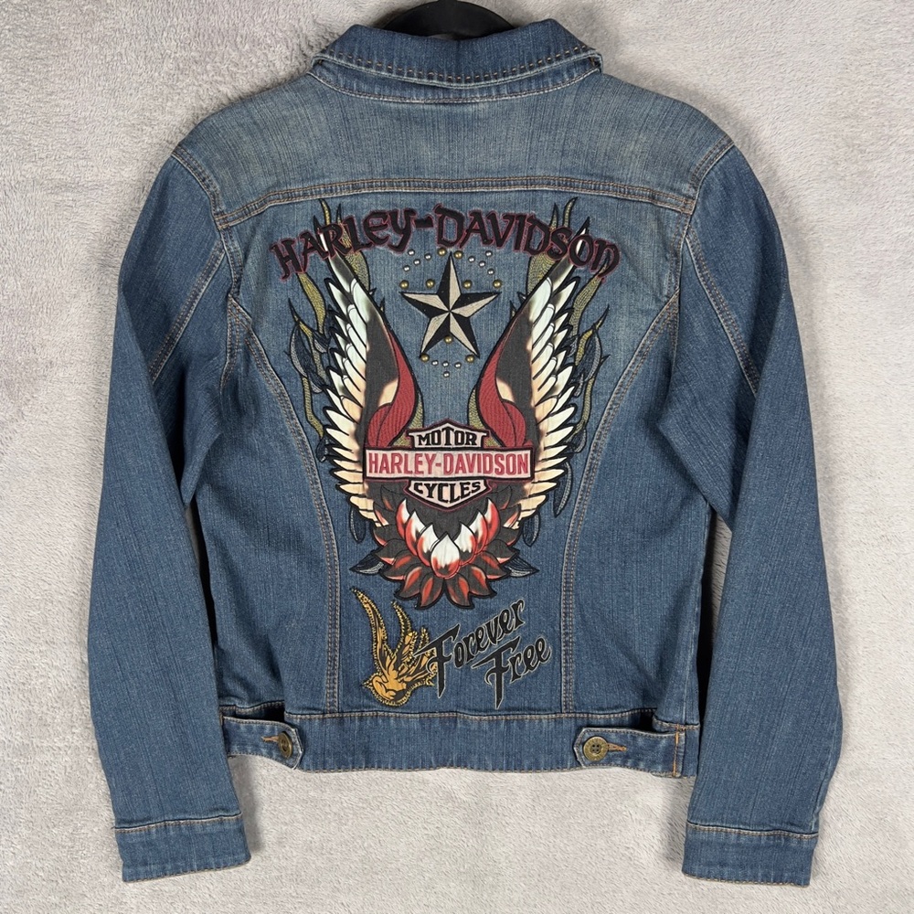 Harley Davidson Denim Jean Jacket Forever Free Womens Medium Embroidered Studded